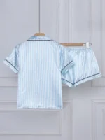 Striped Embroidered Letter Pocket Short Sleeve and Shorts Pajama Set, Casual Satin Sleepwear with Lapel Collar and Button Detail - Image 9