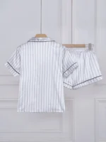 Striped Embroidered Letter Pocket Short Sleeve and Shorts Pajama Set, Casual Satin Sleepwear with Lapel Collar and Button Detail - Image 11