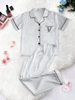 Classic Striped Print And Pocket Letter Short-Sleeve Long Pants Pajama Set, Satin Sleepwear with Lapel Collar and Button Detail - Image 5