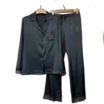 Silky Satin Pajamas for Women 2 Piece Set, Elegant Lace Trim Long Sleeve Nightwear Solid Color Lightweight Loungewear - Image 2