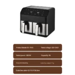 8L 2000W Stainless Steel Air Fryer Double Basket Digital Display with 8 Cooking Presets Oilless Cooker Dishwasher Safe Basket - Image 2
