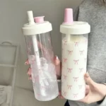 700ml Portable Large Capacity Women Water Cup Pink Bow Print Tumbler Water Bottle with Straw Lid Girly Attractive Drinking Cup - Image 4
