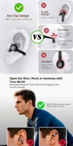 UYUXIO BT 5.4 Clip on Earbuds Wireless Open Ear Headphone with 72H Play Time Long-Battery Life Over Ear Buds for Sport Workouts - Image 8
