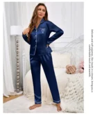 Women's Home Clothes Satin Pajama  Long Sleeve Pocket Heart-shaped Embroidery Tops & Pants Pyjama Femme Loungewear Pj Set - Image 21