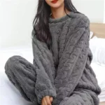 Soft Coral Velvet Jacquard Warm Pajama Set for Women Cozy Loungewear - Image 4