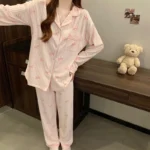 Pink Bow Dtie Design Pajamas for Women Long Sleeve Top & Elastic Waist Pants Pajamas Set Harajuku Style Casual - Image 3
