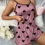 Women's Pajama Set Pajamas T-Shirts Shorts Pink Heart-Shaped Print Round Neck T-Shirt Ice Silk Top - Image 3