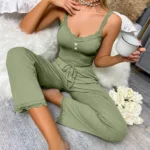 Women's two-piece pajama set with solid color lace edging  comfortable pajamas set - Image 11
