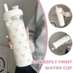 700ml Portable Large Capacity Women Water Cup Pink Bow Print Tumbler Water Bottle with Straw Lid Girly Attractive Drinking Cup