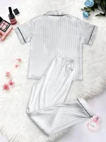 Classic Striped Print And Pocket Letter Short-Sleeve Long Pants Pajama Set, Satin Sleepwear with Lapel Collar and Button Detail - Image 6