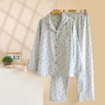 Women's Pajama Set 100% Cotton Gauze Vertical Strip Love Long Sleeve Two piece set - Image 3