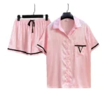 Fashionable Ice Silk Pajama Set Womens 2 Piece - Striped Satin Loungewear for Spring/Fall Ultra Soft & Breathable Shorts Nightw - Image 2