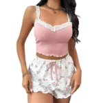 Women Pajama Set Lace Patchwork V-Neck Sleepwear - Image 2