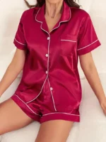 Luxurious Satin Pajama for Women Sleepwear Summer Short Sleeve Tops with Button-Up Lapel Collar & Shorts Pyjama Femme Lounge Set - Image 11