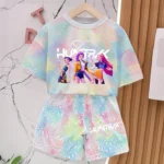 KPop Demon Hunters New T-shirt Pants Set Girls Summer Clothing Kawaii Smile Face Short Sleeve Outfits Kids Tee Top Pajamas Gift - Image 2