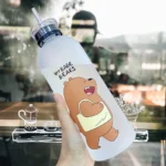 Water Bottles Cute Panda Bear Cup 1000ml With Straw Transparent Cartoon Water Bottle Drinkware Frosted Leak-proof Protein Shaker - Image 15