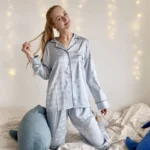 Fashionable Women's Two-Piece Pajama Set Satin-Like Long Sleeve with Bow Design Breathable & Silky Viscose - Image 8