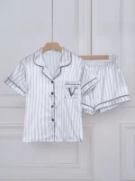 Striped Embroidered Letter Pocket Short Sleeve and Shorts Pajama Set, Casual Satin Sleepwear with Lapel Collar and Button Detail - Image 10