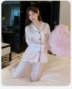 Floral Women's Ice Silk Lightweight Pajama Set Long Sleeve Top with Pants - Image 7