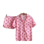 Cute Lip Print Satin Pajamas Set for Women 2 Piece Soft Sleepwear Short Sleeve Top with Shorts Lightweight Pink Lounge Wear for