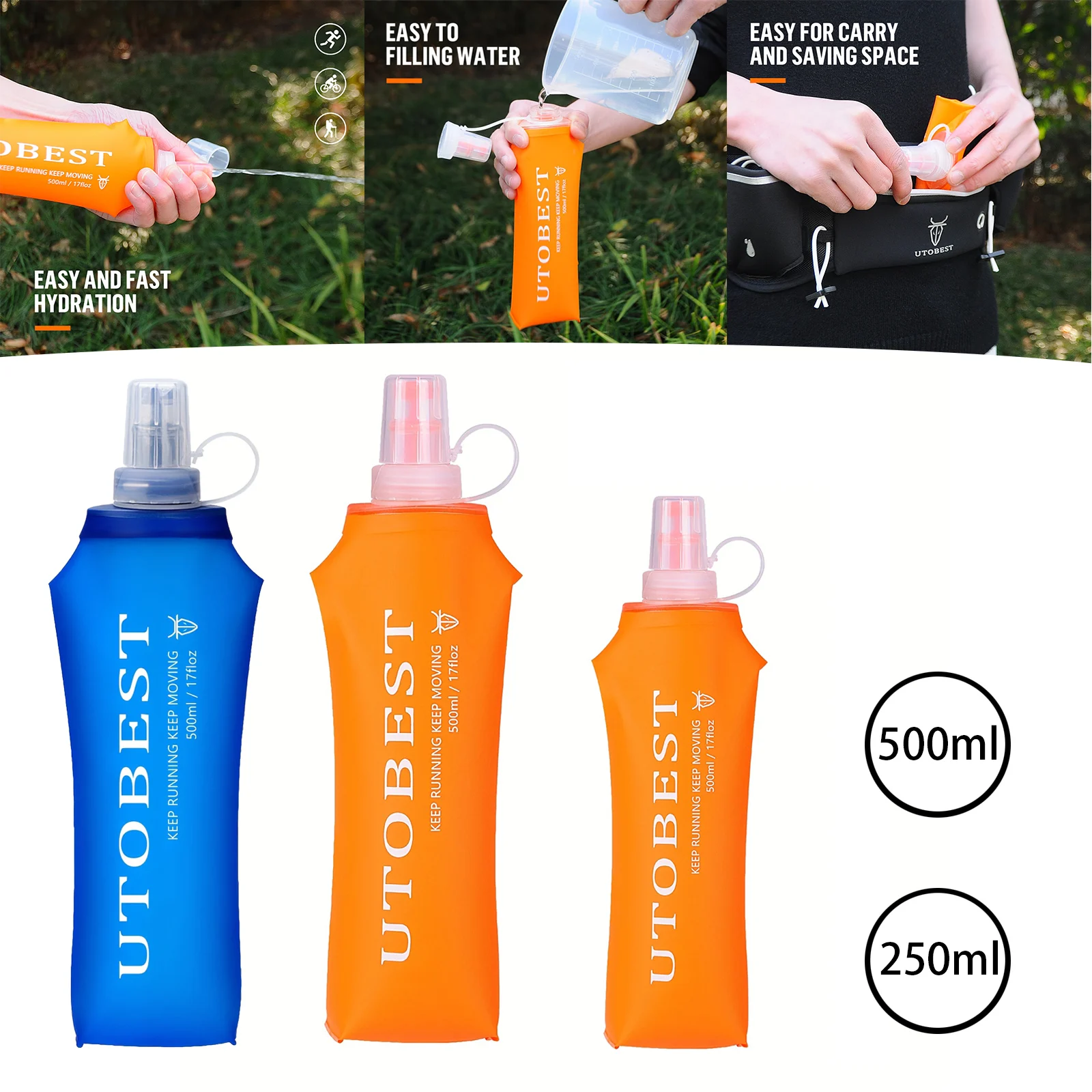kf-Sc52e18679fef422e8bcc68855eaeabebW UTOBEST 250ML/500ML 2Pcs Foldable Outdoor Sports TPU Soft Water Bottles, Ultra-Lightweight, Portable, and Suitable for Camping - Image 1