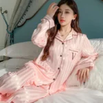 Women's Ice Silk Pajama Set Long Sleeve Long Pants Lightweight Sleepwear for Spring And Autumn Comfortable Homewear Pj Set - Image 6