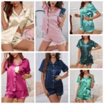 Luxurious Satin Pajama for Women Sleepwear Summer Short Sleeve Tops with Button-Up Lapel Collar & Shorts Pyjama Femme Lounge Set - Image 5