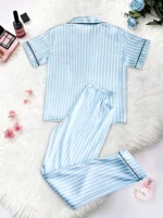 Classic Striped Print And Pocket Letter Short-Sleeve Long Pants Pajama Set, Satin Sleepwear with Lapel Collar and Button Detail - Image 4