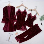 Casual Velour Home Clothing 4pcs Sleep Set Lingerie Women Pajamas Suit Long Sleeve Lace Velvet Homewear Pyjamas set