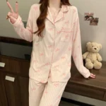 Pink Bow Dtie Design Pajamas for Women Long Sleeve Top & Elastic Waist Pants Pajamas Set Harajuku Style Casual - Image 2