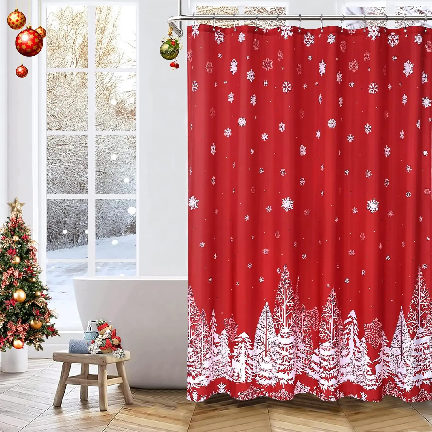 kf-Sd073efa171234fa797a63cfd0f12fd3e7 72x72 Inch Christmas Shower Curtain Christmas Tree and Snowflake Fabric Shower Curtain for Bathroom Bathtubs Decor - Image 1