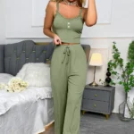 Women's two-piece pajama set with solid color lace edging  comfortable pajamas set - Image 9