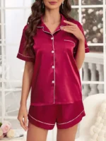 Luxurious Satin Pajama for Women Sleepwear Summer Short Sleeve Tops with Button-Up Lapel Collar & Shorts Pyjama Femme Lounge Set - Image 15
