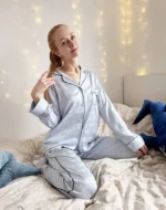 Fashionable Women's Two-Piece Pajama Set Satin-Like Long Sleeve with Bow Design Breathable & Silky Viscose - Image 9