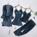 Casual Velour Home Clothing 4pcs Sleep Set Lingerie Women Pajamas Suit Long Sleeve Lace Velvet Homewear Pyjamas set - Image 2