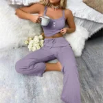 Women's two-piece pajama set with solid color lace edging  comfortable pajamas set - Image 2