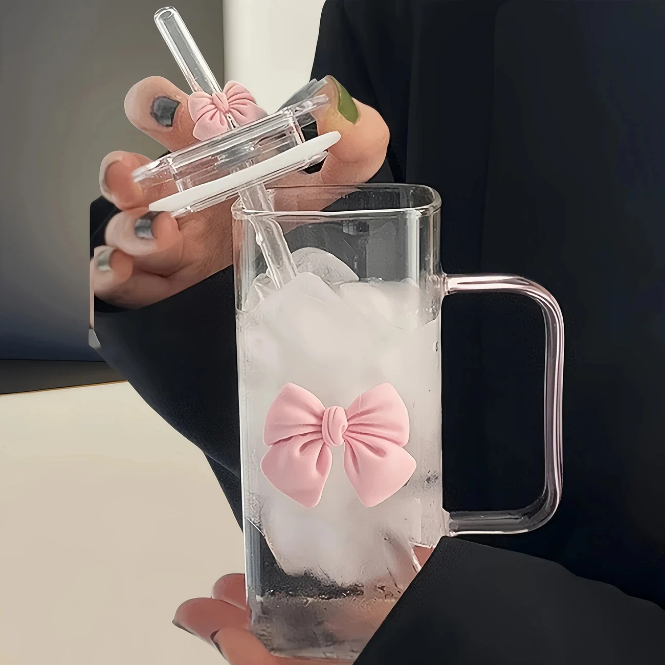 kf-Sdd691f9b22474fd491adb5b2681a3f10b 400mL Elegant Butterfly-Decorated Glass Tumbler with Straw & Handle - Reusable Freezer-Safe Water Cup for Coffee Juice Milk - Image 1