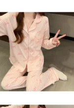 Pink Bow Dtie Design Pajamas for Women Long Sleeve Top & Elastic Waist Pants Pajamas Set Harajuku Style Casual - Image 6