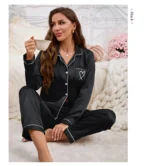 Women's Home Clothes Satin Pajama  Long Sleeve Pocket Heart-shaped Embroidery Tops & Pants Pyjama Femme Loungewear Pj Set - Image 24