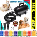 2800W Dog Blow Dryer Adjustable Speed Temperature Control with 3 Nozzles, Extendable Hose for Pet Hair Grooming, Vehicle Dryer