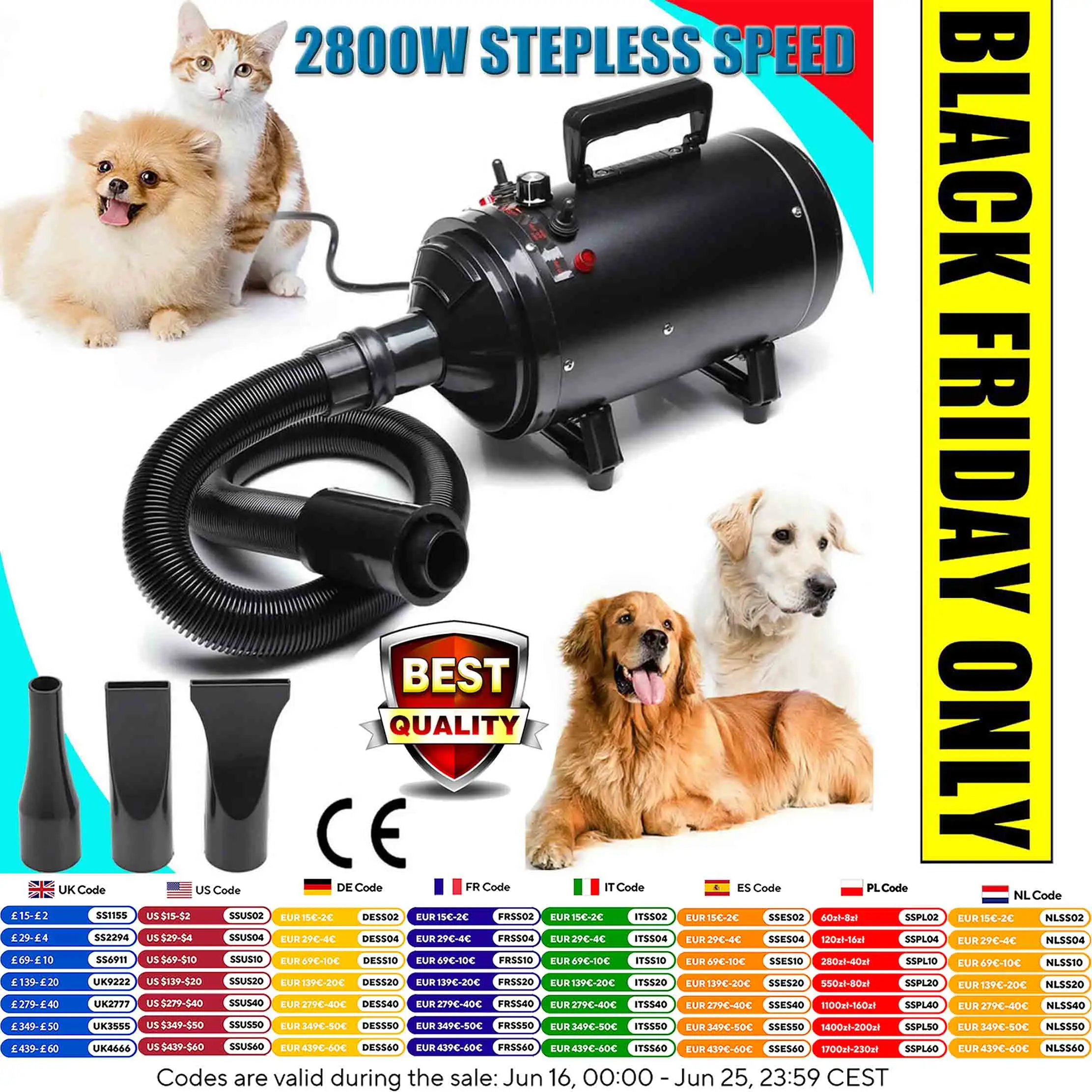 kf-Se8c36d91219c4ef994ed9c580f6a9eeb9 2800W Dog Blow Dryer Adjustable Speed Temperature Control with 3 Nozzles, Extendable Hose for Pet Hair Grooming, Vehicle Dryer - Image 1