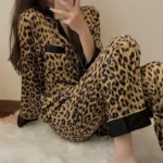 Pajamas Set Women's Fashion Leopard Print Long-Sleeved Sleepwear Loungewear Ladies Upscale Homewear