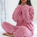 Soft Coral Velvet Jacquard Warm Pajama Set for Women Cozy Loungewear - Image 7
