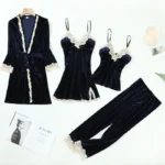 Casual Velour Home Clothing 4pcs Sleep Set Lingerie Women Pajamas Suit Long Sleeve Lace Velvet Homewear Pyjamas set - Image 13