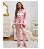 Women's Home Clothes Satin Pajama  Long Sleeve Pocket Heart-shaped Embroidery Tops & Pants Pyjama Femme Loungewear Pj Set - Image 14