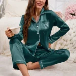 Women's Home Clothes Satin Pajama  Long Sleeve Pocket Heart-shaped Embroidery Tops & Pants Pyjama Femme Loungewear Pj Set - Image 4