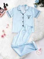 Classic Striped Print And Pocket Letter Short-Sleeve Long Pants Pajama Set, Satin Sleepwear with Lapel Collar and Button Detail - Image 3