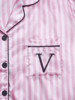 Striped Embroidered Letter Pocket Short Sleeve and Shorts Pajama Set, Casual Satin Sleepwear with Lapel Collar and Button Detail - Image 3
