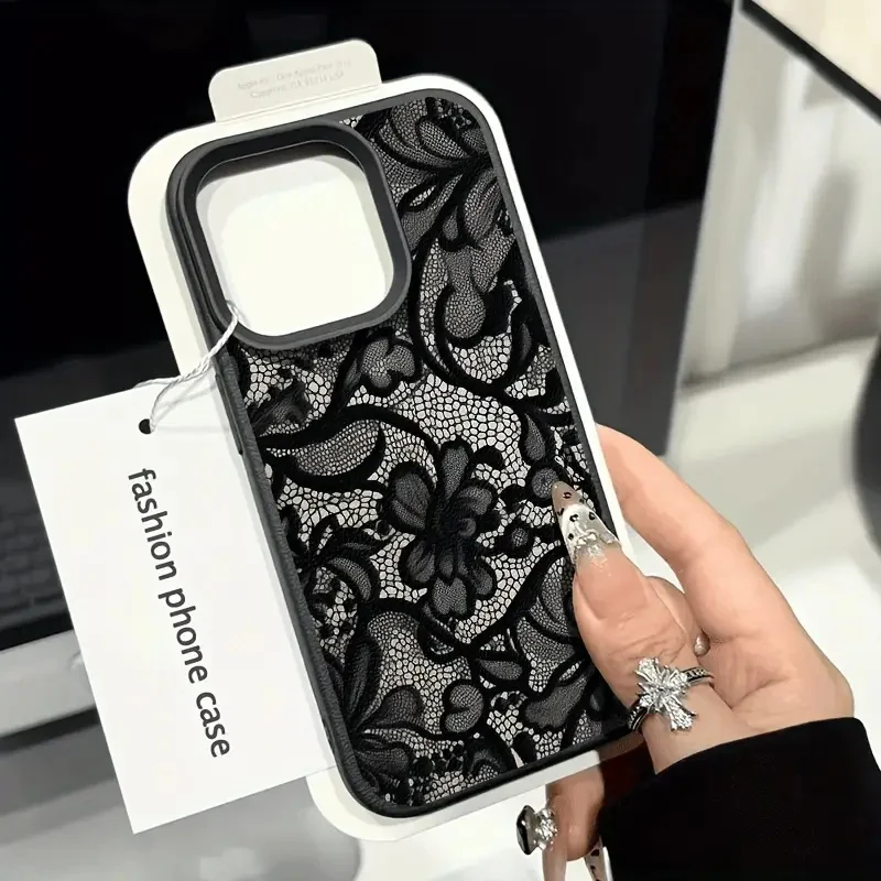 kf-S0b2e815b4e3e425eabc575590fff10d0Q Black Lace Pattern Phone Case For iPhone 17 Pro Max 16 15 14 Plus 13 12 11 Pro Max 16E 17Air X XR XS Max Shockproof Soft Cover - Image 1