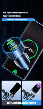 USB Car Phone Charger Adapter with Retractable Cable LED Voltage Monitor 4 in 1 Super Fast Charge for iPhone Samsung Huawei - Image 14